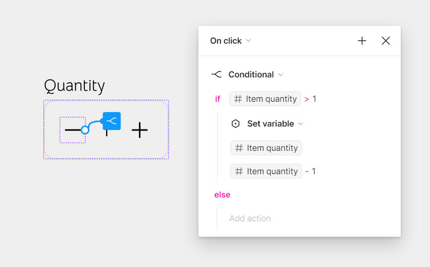 The conditional logic for the 'minus' button the quantity counter