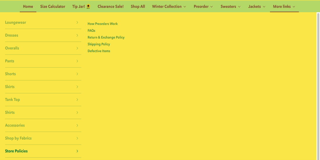 The More Links tab with Store Policies buried far down the list